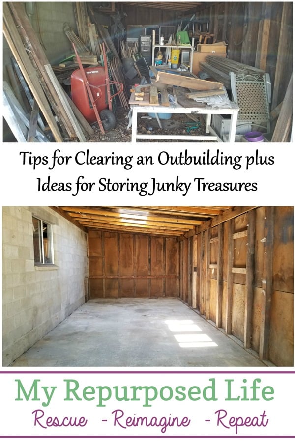 tips for clearing an outbuilding plus ideas for storing junky treasures MyRepurposedLife.com