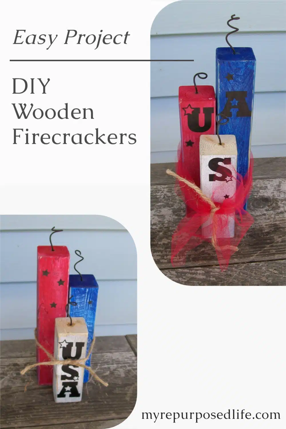 Make this easy wooden firecracker decoration for you home or porch. Customize it just for your needs. Use small scraps or 4x4 posts, your choice! #MyRepurposedLife #upcycle #wood #scraps #4thofjuly #patriotic #decor via @repurposedlife