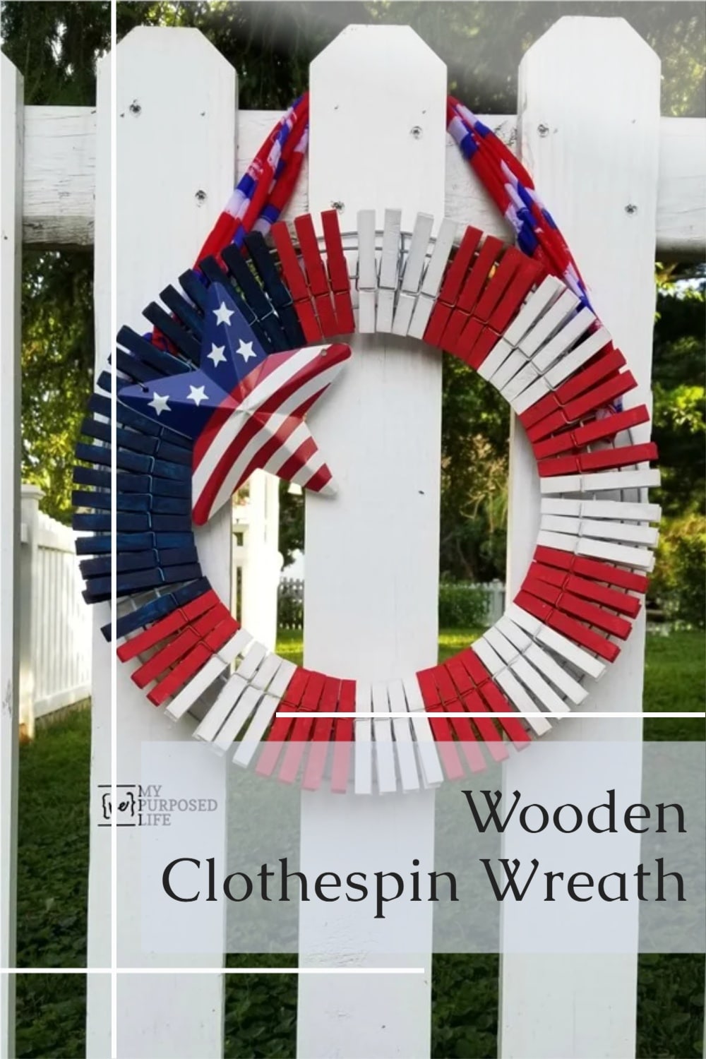 How to make a patriotic clothespin wreath using items from the dollar store. Easy way to paint wooden clothespins to make your own wreath, step by step. #MyRepurposedLife #dollarstorecrafts #4thofJuly #patrioticdecor via @repurposedlife