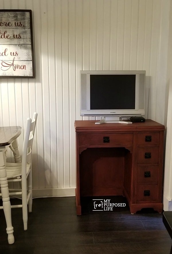 red glazed vintage sewing desk cabinet in the kitchen MyRepurposedLife.com
