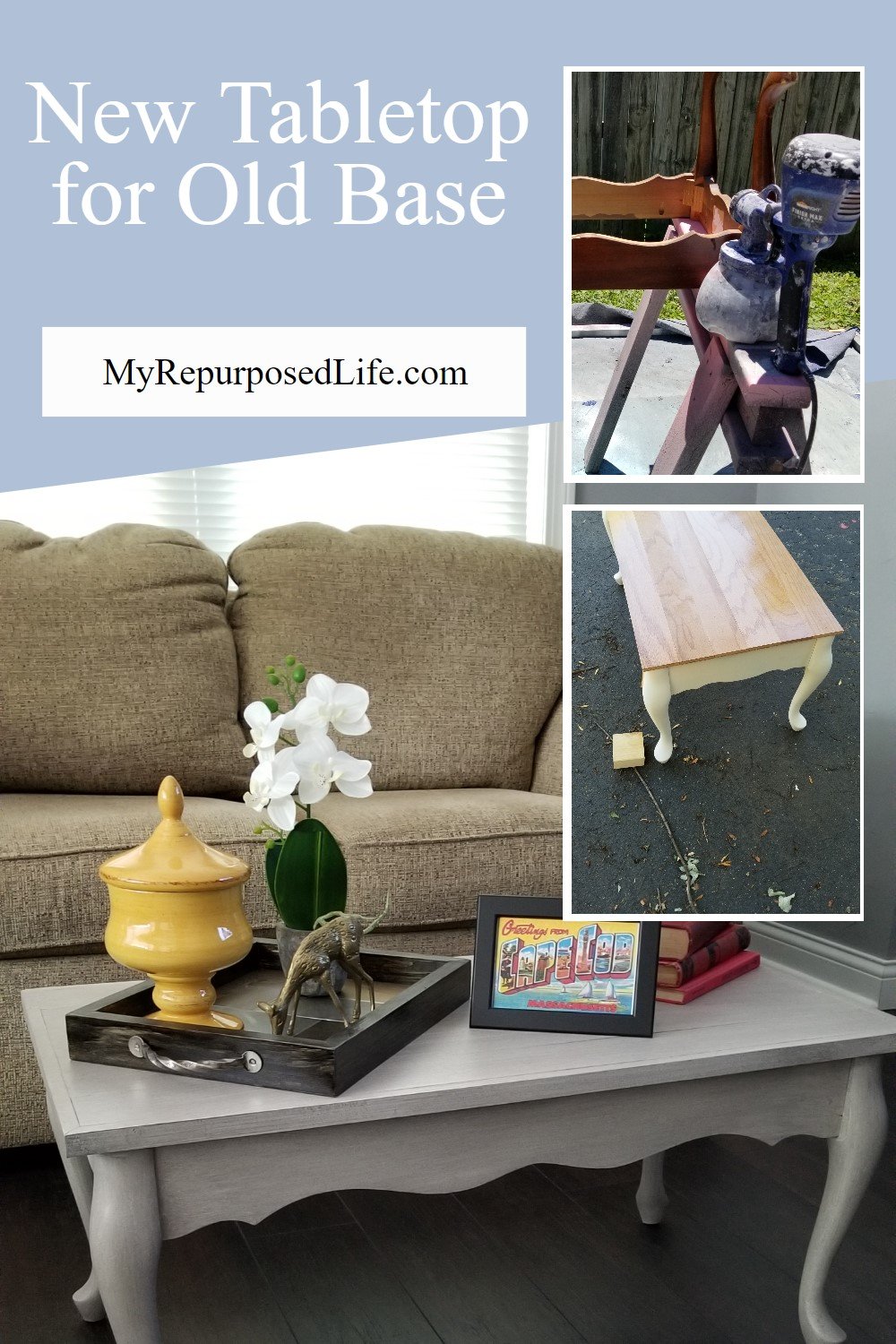 One damaged queen ann coffee table upcycled into 3 new table projects. This table gets a new hardwood flooring table top for its makeover. via @repurposedlife