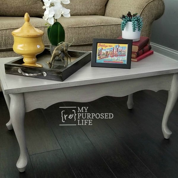 queen anne coffee table top replaced with hardwood flooring MyRepurposedLife.com