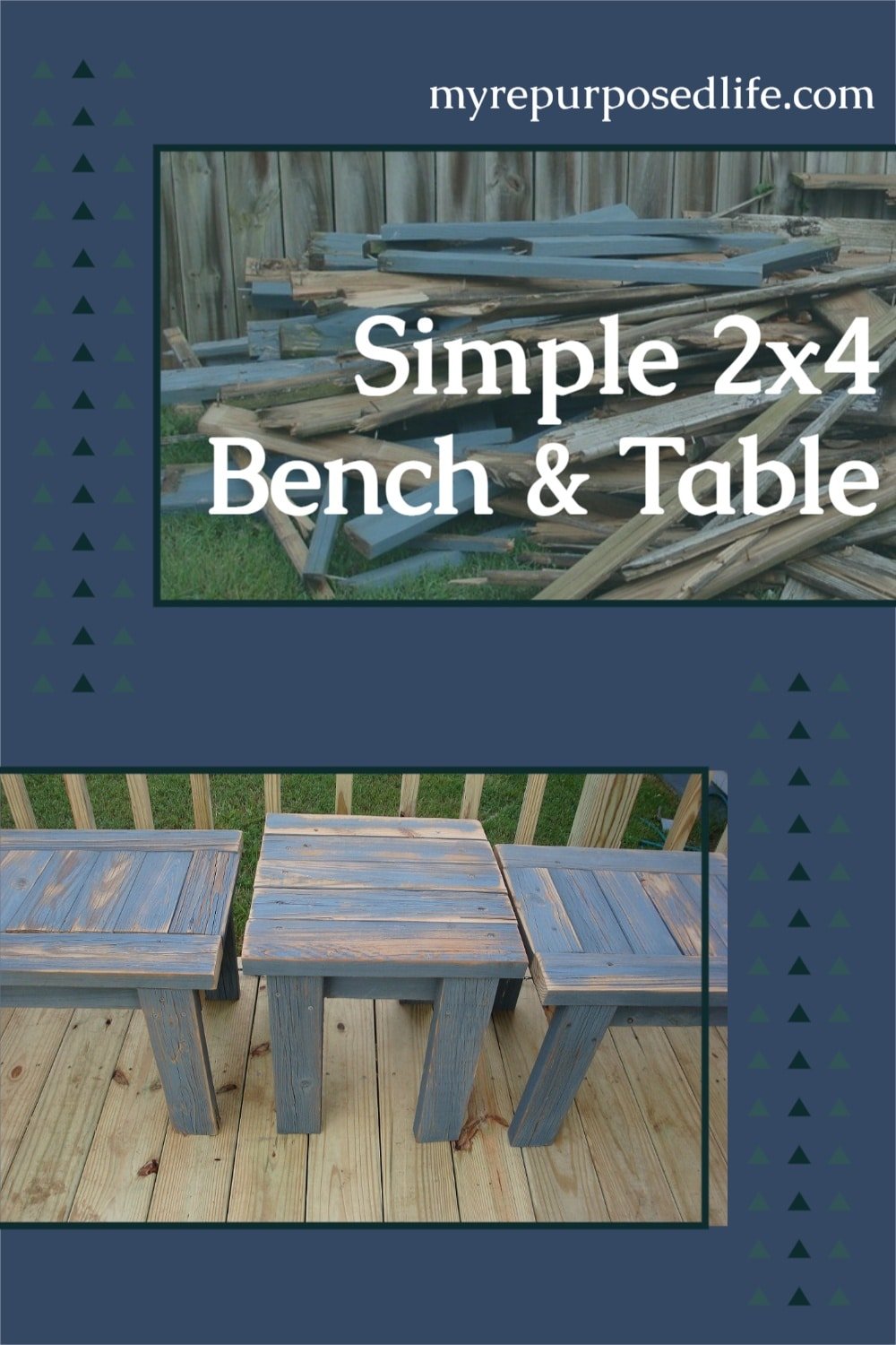 How to make a simple bench from scrap reclaimed lumber. After removing an old deck I salvaged some of the boards to make simple benches from 2x4's. #MyRepurposedLife #repurposed #reclaimed #lumber #2x4 #bench via @repurposedlife
