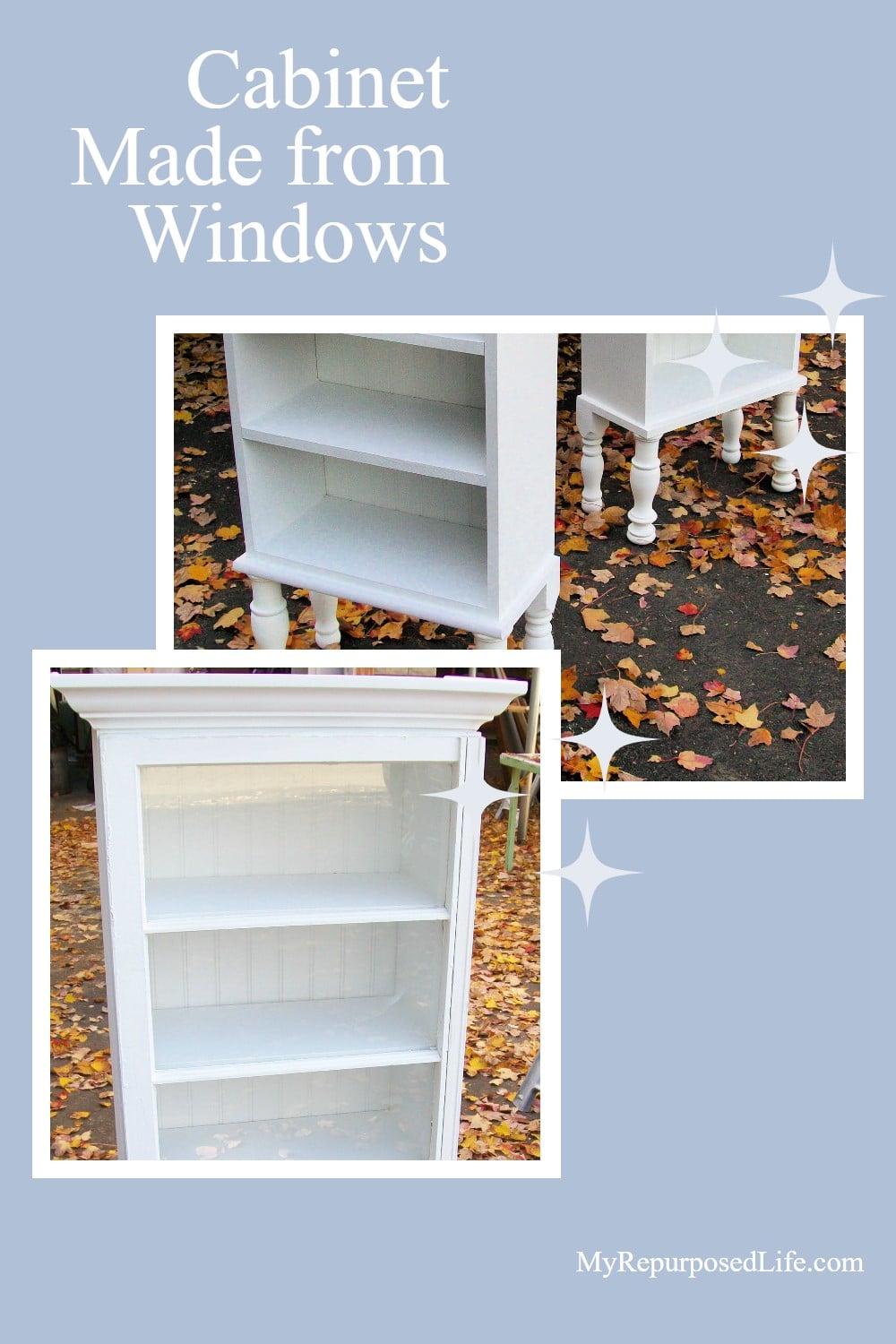 How to make repurposed window cabinets -- step by step directions on how to build the cabinet, put legs on it and use windows for doors. #MyRepurposedLife #Repurposed #windows #cabinets via @repurposedlife