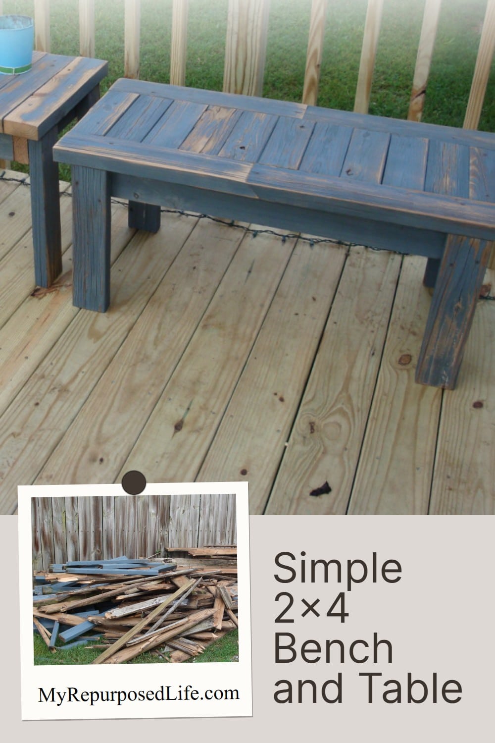 How to make a simple bench from scrap reclaimed lumber. After removing an old deck I salvaged some of the boards to make simple benches from 2x4's. #MyRepurposedLife #repurposed #reclaimed #lumber #2x4 #bench via @repurposedlife