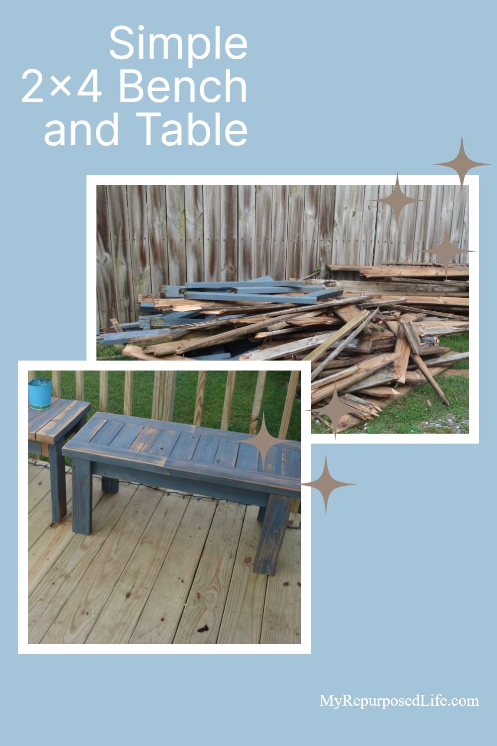 How to make a simple bench from scrap reclaimed lumber. After removing an old deck I salvaged some of the boards to make simple benches from 2x4's. #MyRepurposedLife #repurposed #reclaimed #lumber #2x4 #bench via @repurposedlife