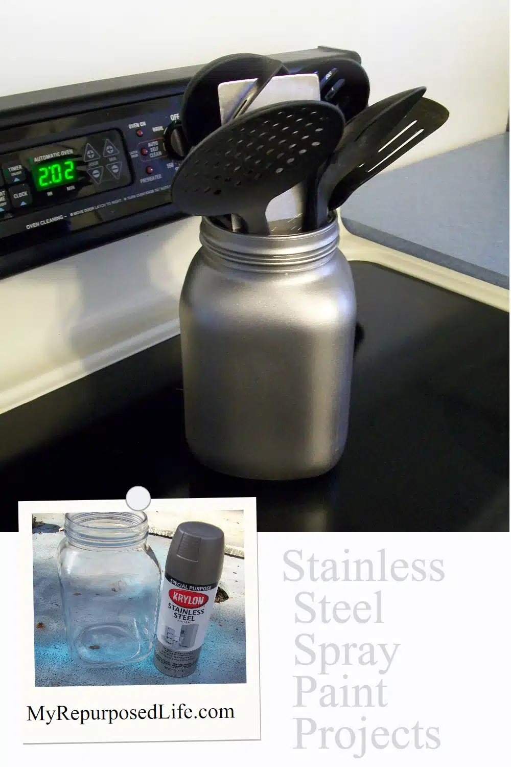 How to use Krylon stainless steel spray paint to update kitchen accessories such as a knife block and a glass utensil holder. #MyRepurposedLife #repurposed #kitchen #accessories #spraypaint #stainlesssteel via @repurposedlife