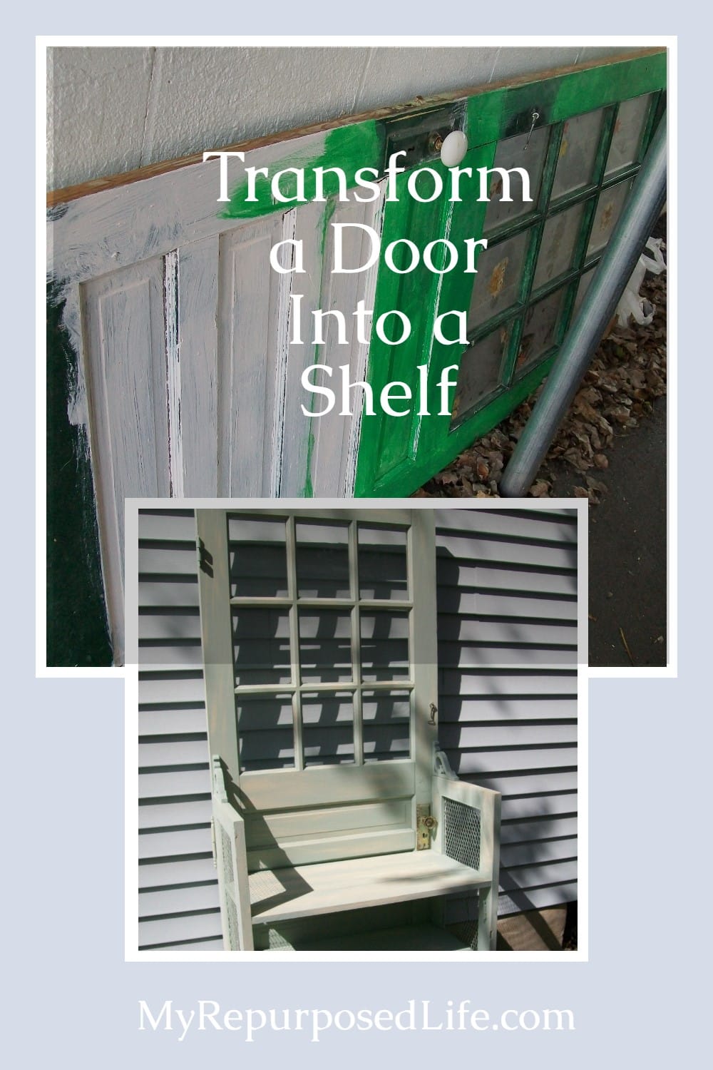 How to use a repurposed door to make a bookshelf. A chippy old vintage door and small cupboard doors make great repurposed furniture options. Full tutorial. #MyRepurposedLife #repurposed #furniture #door #bookshelf #halltree via @repurposedlife