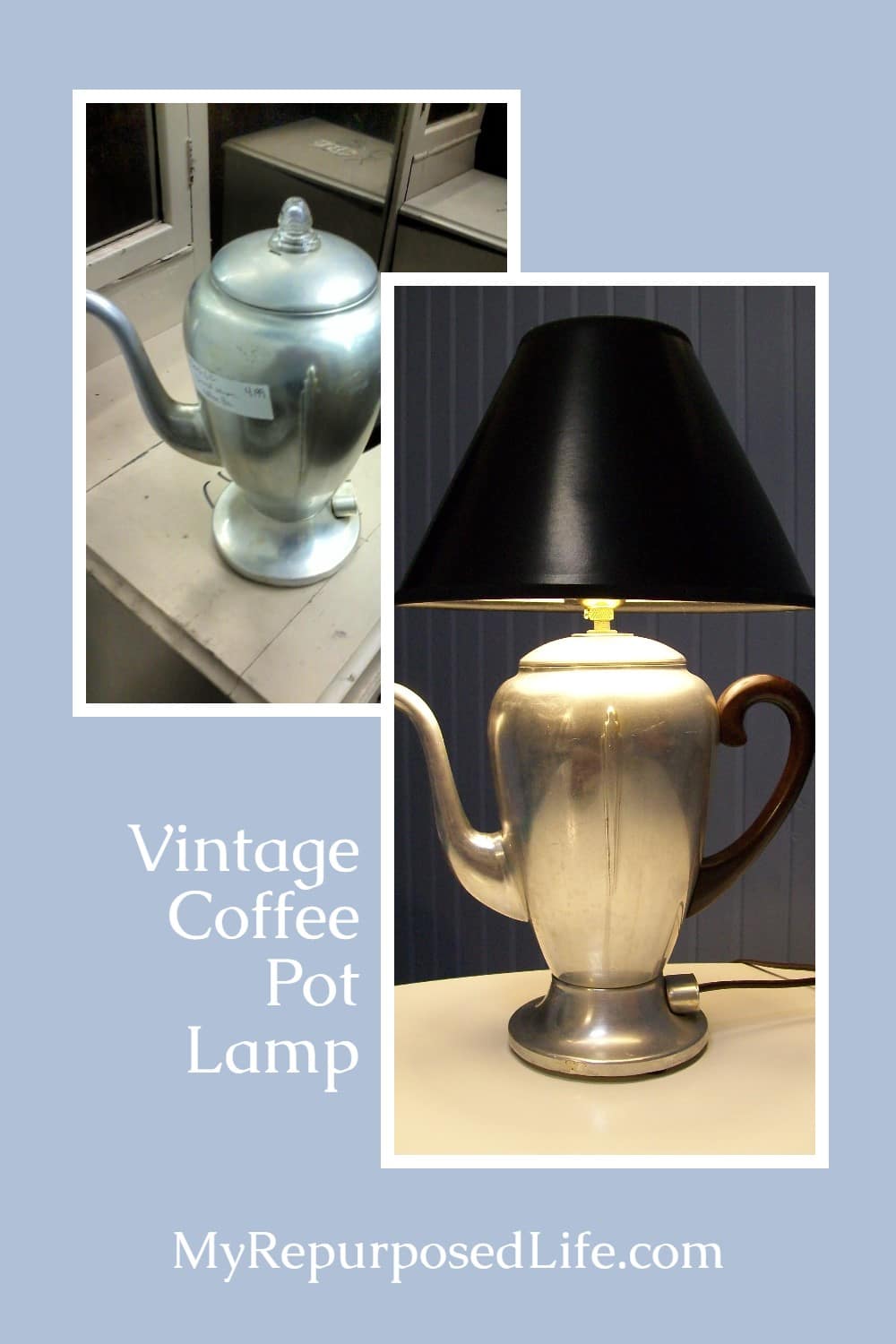 How to turn a vintage coffee pot into a unique table lamp. Step-by-step directions. via @repurposedlife