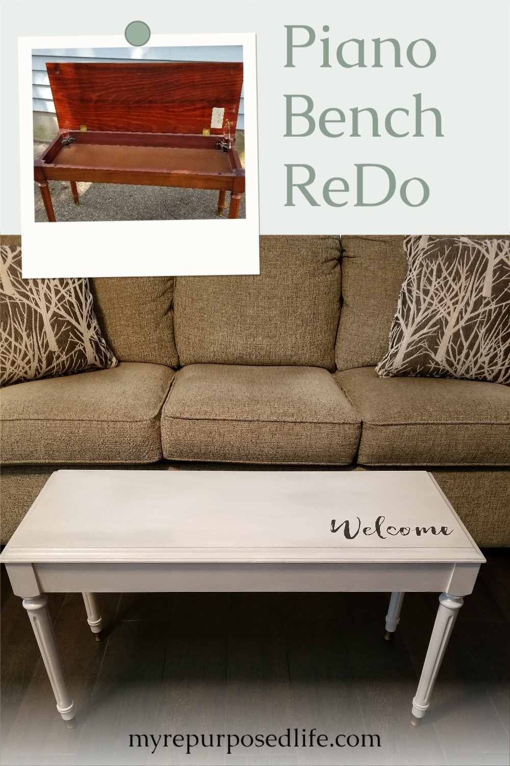 Easy piano bench redo with a little paint, glaze and a Chalk Couture transfer. This quick and easy piano bench makeover tutorial gives all the steps needed. #MyRepurposedLife #repurposed #upcycled #furniture #pianobench via @repurposedlife