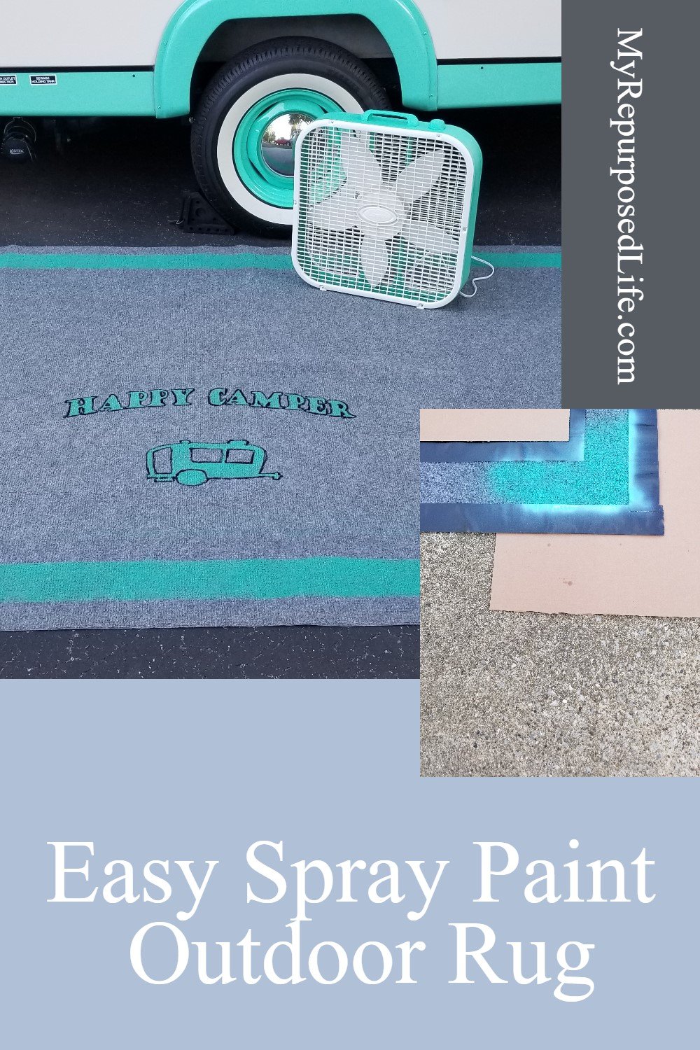 This spray painted outdoor rug project is so easy, you can do it this weekend! I'll give you tips and tricks to get great results when customizing your own outdoor rug with spray paint and stencils. Bonus content: how to spray paint a box fan. via @repurposedlife