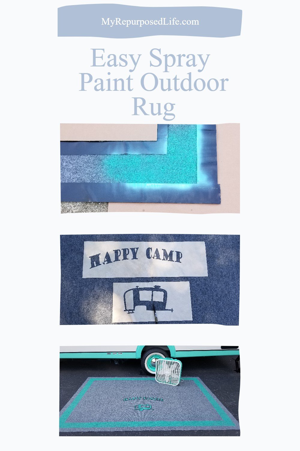 This spray painted outdoor rug project is so easy, you can do it this weekend! I'll give you tips and tricks to get great results when customizing your own outdoor rug with spray paint and stencils. Bonus content: how to spray paint a box fan. via @repurposedlife