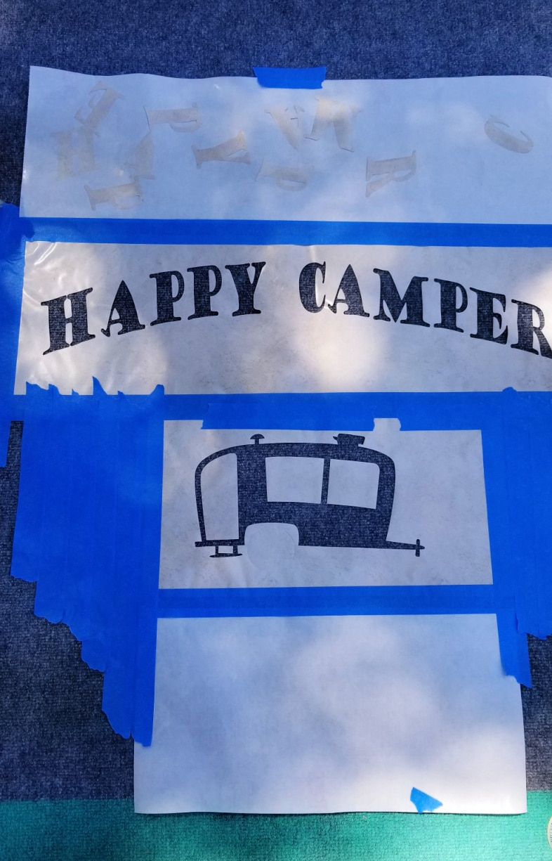happy camper stencil with painter's tape
