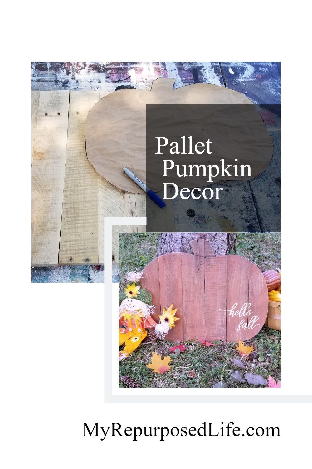 How to make a rustic pallet pumpkin hello fall sign. Step by step tips for building and painting a rustic pallet sign for Fall. #MyRepurposedLife #repurposed #upcycled #pallet #fall #pumpkin via @repurposedlife