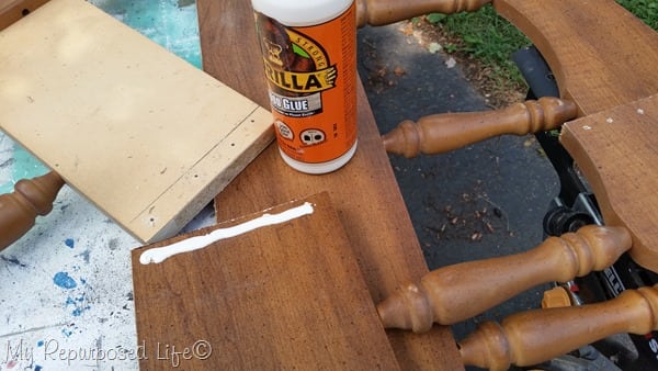 use wood glue and screws to attach bench side to back