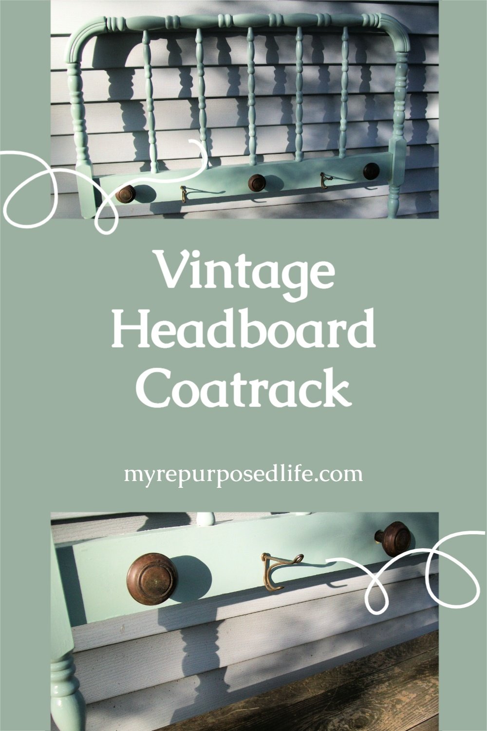 How to make a headboard coat rack using an antique spool bed. Add paint, vintage doorknobs and hooks and you'll be more organized in no time. #MyRepurposedLife #repurposed #headboard #coatrack #antique #doorknobs via @repurposedlife