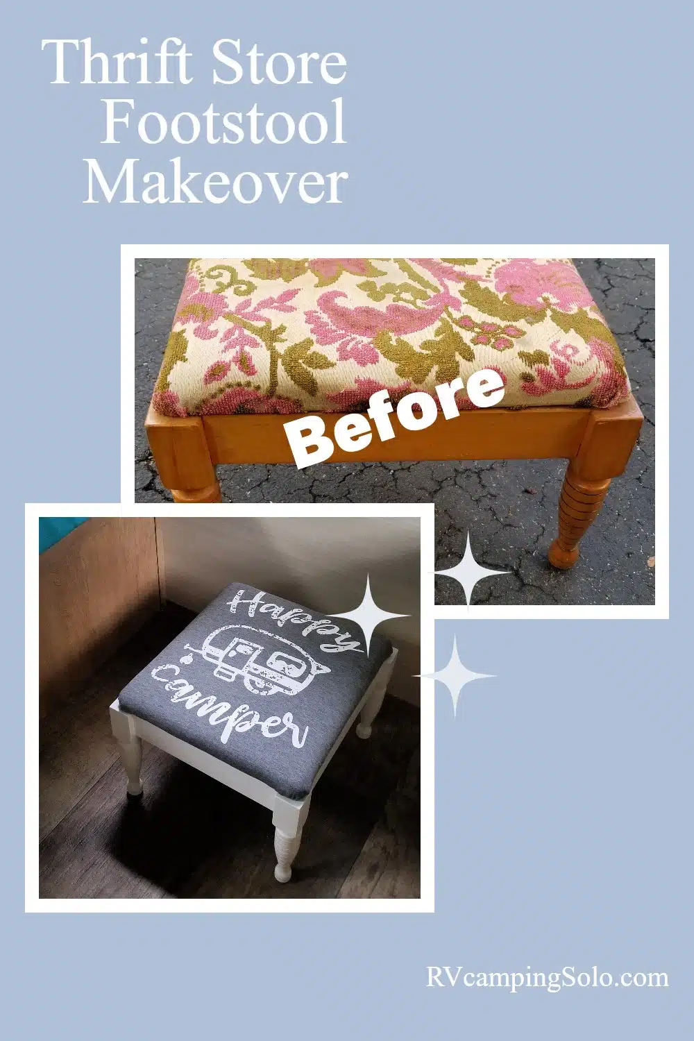 A small footstool from the thrift store gets a new purpose. A little paint, glaze and some new upholstery fabric using a Happy Camper t-shirt dressed it up. #RVcampingSolo via @repurposedlife
