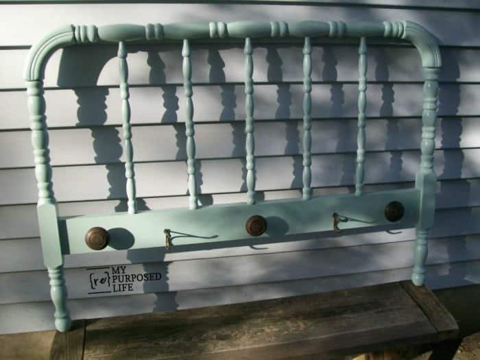 repurposed furniture spool bed coat rack