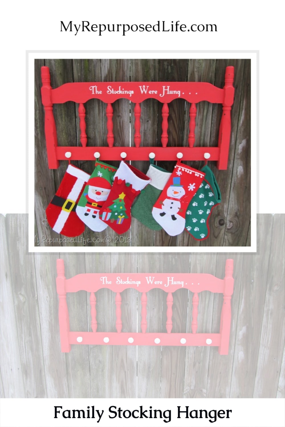 Easy DIY headboard project. Turn an old headboard into a Christmas Stocking holder for the whole family! Step by step directions. Pin this for later so you won't forget. #MyRepurposedLife #Repurposed #furniture #diy #Christmas #stockings #kids #family #home #decor via @repurposedlife