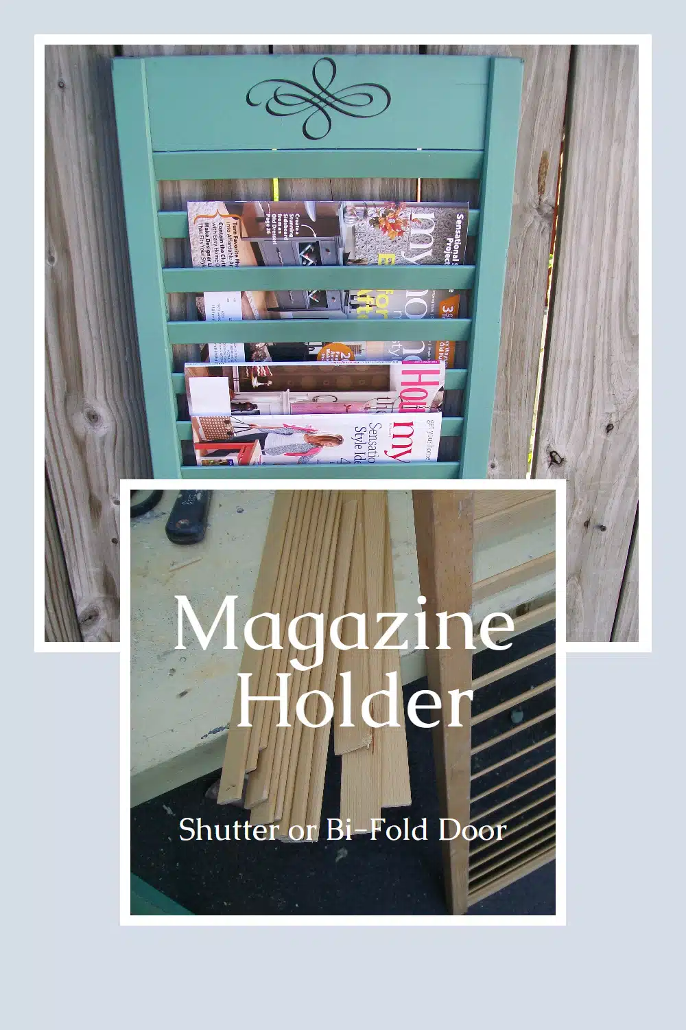 Easy repurposed shutter project uses part of a bi-fold door with every other slat removed to make a shutter magazine rack. Fun idea to keep you organized. Step by step directions with great tips on removing slats! #MyRepurposedLife #repurposed #upcycle #shutter via @repurposedlife
