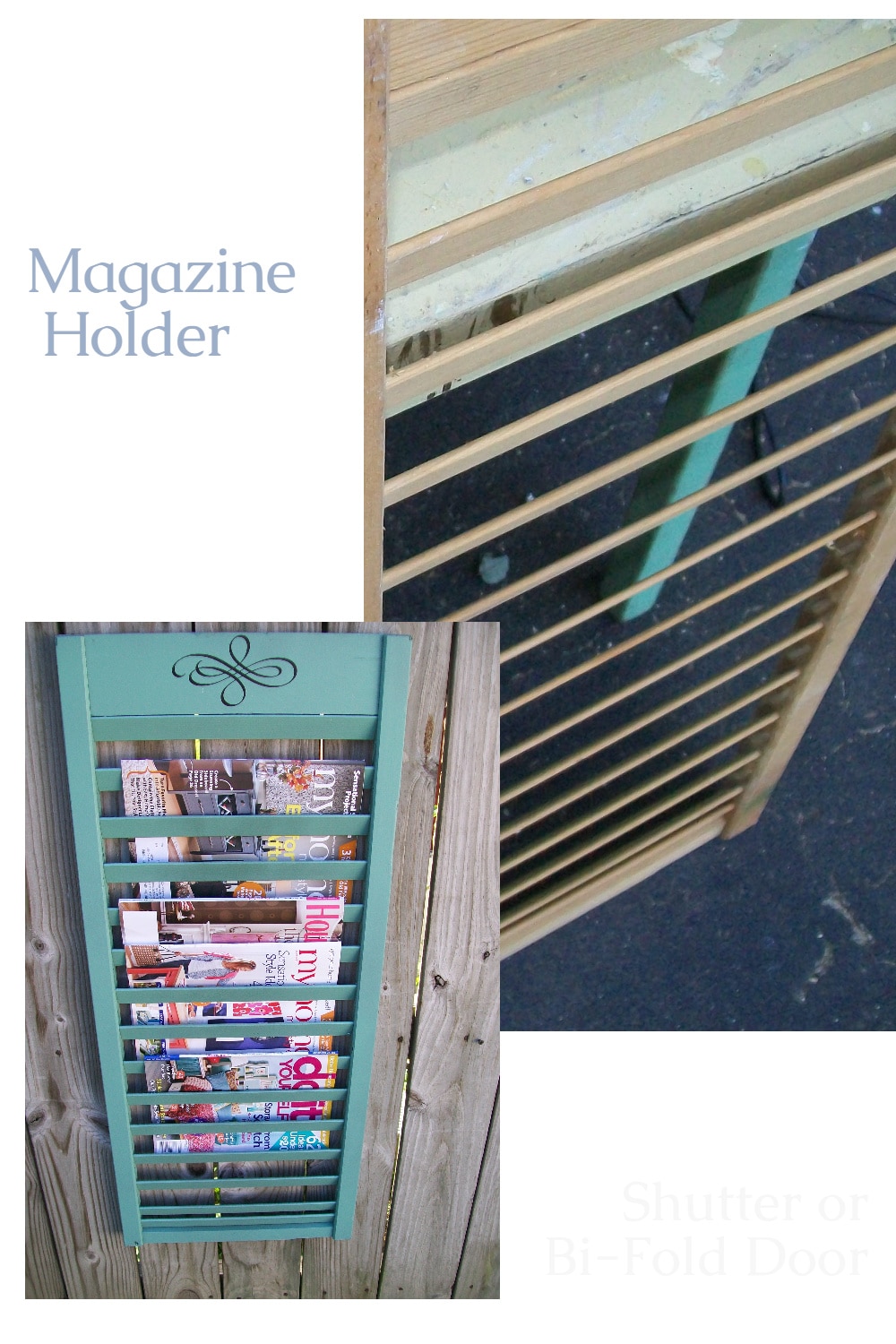 Easy repurposed shutter project uses part of a bi-fold door with every other slat removed to make a shutter magazine rack. Fun idea to keep you organized. Step by step directions with great tips on removing slats! #MyRepurposedLife #repurposed #upcycle #shutter via @repurposedlife