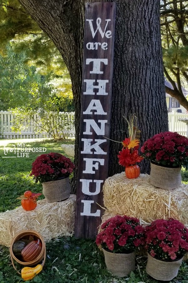 we are thankful tall porch sign made from reclaimed lumber and contact paper stencil MyRepurposedLife