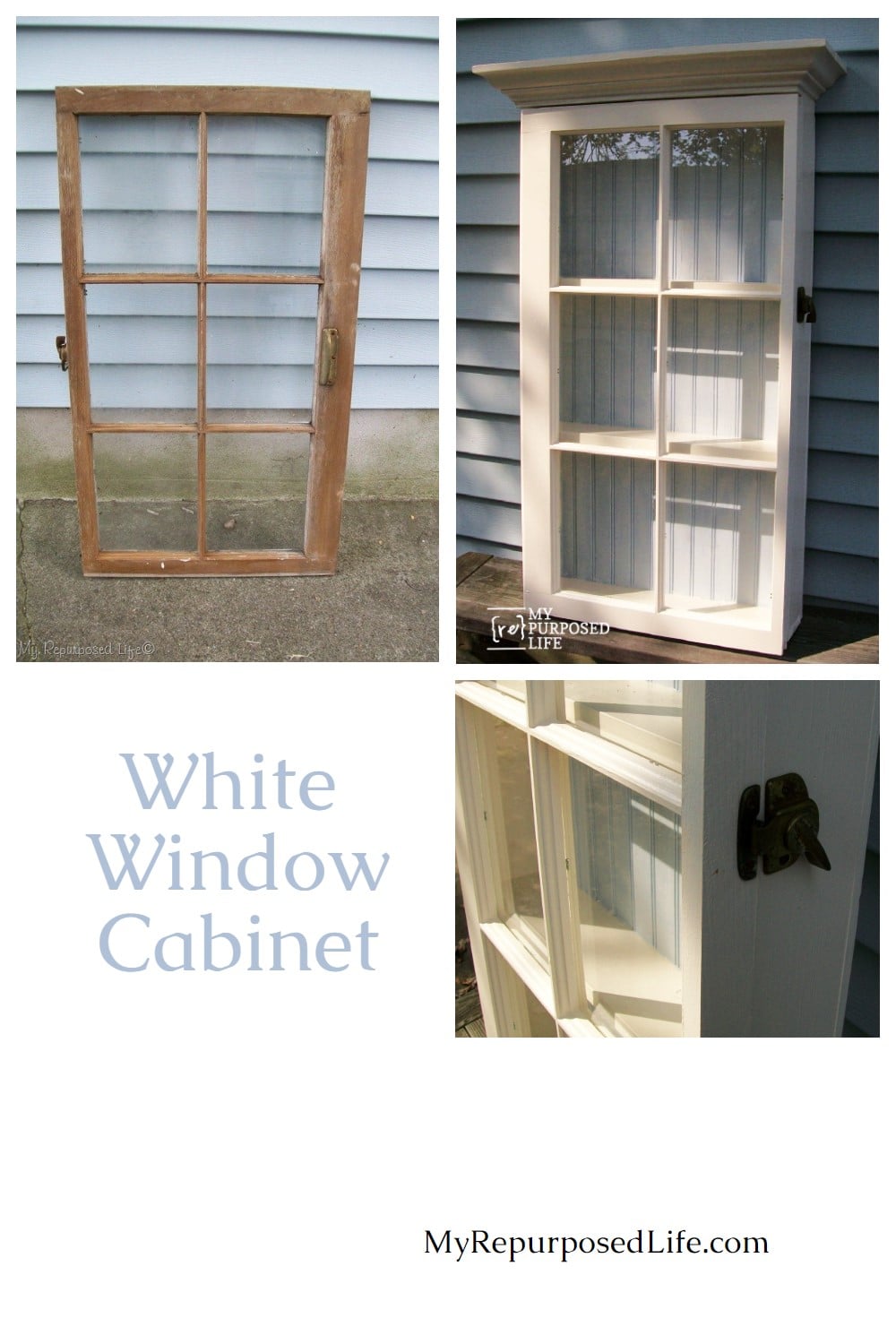 How to make a repurposed window cabinet using an old window and a shelf as crown molding. Step by step picture tutorial using reclaimed bits and pieces. #MyRepurposedLife #upcycle #window #cabinet #project via @repurposedlife