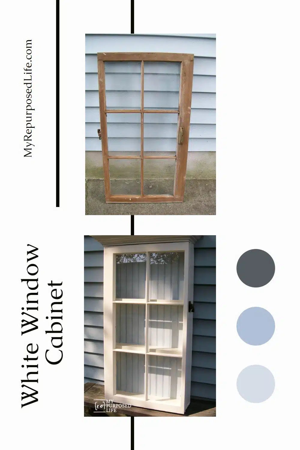 How to make a repurposed window cabinet using an old window and a shelf as crown molding. Step by step picture tutorial using reclaimed bits and pieces. #MyRepurposedLife #upcycle #window #cabinet #project via @repurposedlife