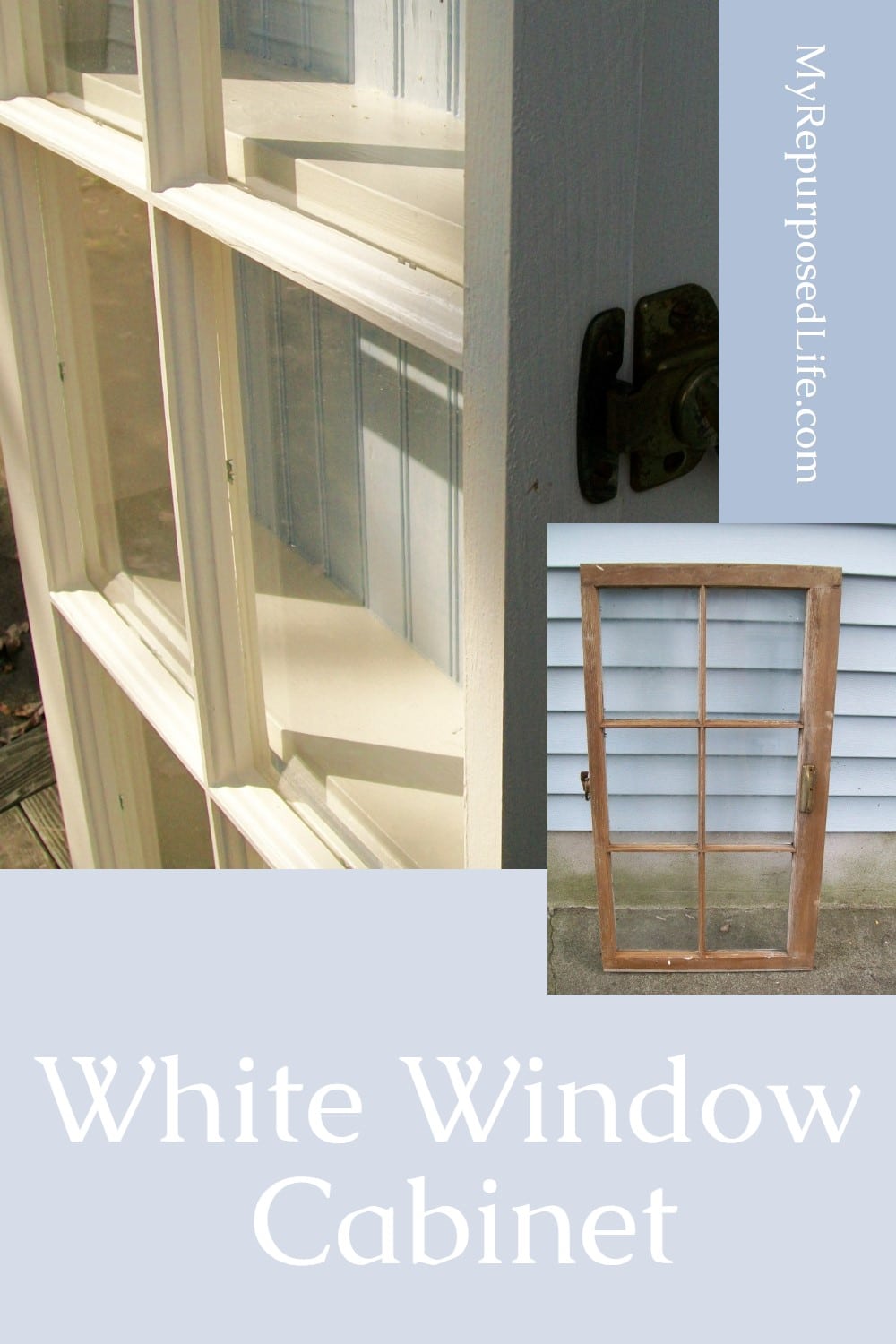 How to make a repurposed window cabinet using an old window and a shelf as crown molding. Step by step picture tutorial using reclaimed bits and pieces. #MyRepurposedLife #upcycle #window #cabinet #project via @repurposedlife