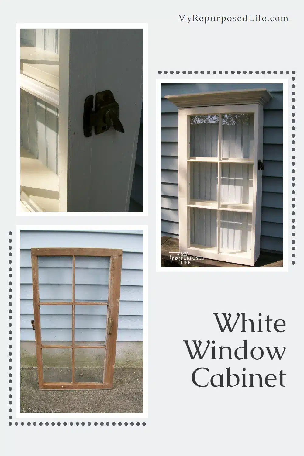 How to make a repurposed window cabinet using an old window and a shelf as crown molding. Step by step picture tutorial using reclaimed bits and pieces. #MyRepurposedLife #upcycle #window #cabinet #project via @repurposedlife