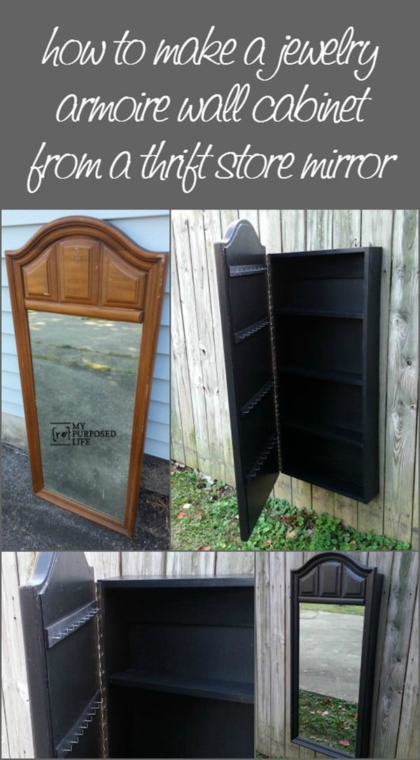 How to make a jewelry cabinet using a reclaimed thrift store mirror. Build a box, add jewelry accessories, and voila, you have the perfect jewelry cabinet. #MyRepurposedLife #repurposed #upcycled #thriftstore #mirror #jewelry #armoire #diy via @repurposedlife