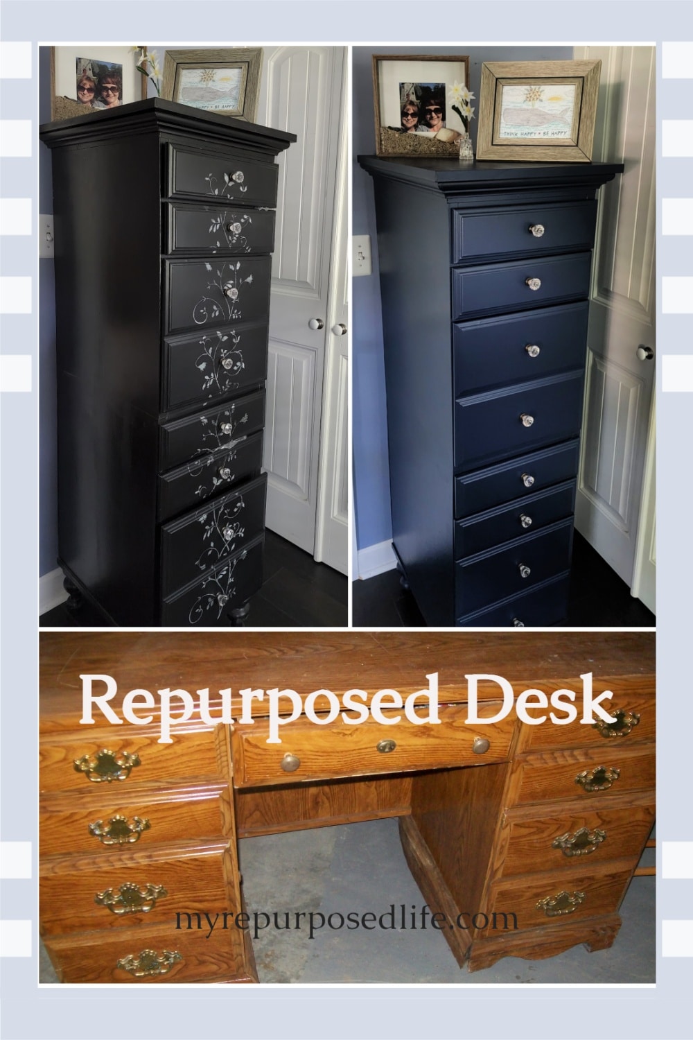 Using a repurposed desk to make a tall chest, keeps all the storage area. However it creates a smaller footprint in your space. Step by step directions. #MyRepurposedLife #repurposed #furniture #desk #chest #organization #doityourself via @repurposedlife