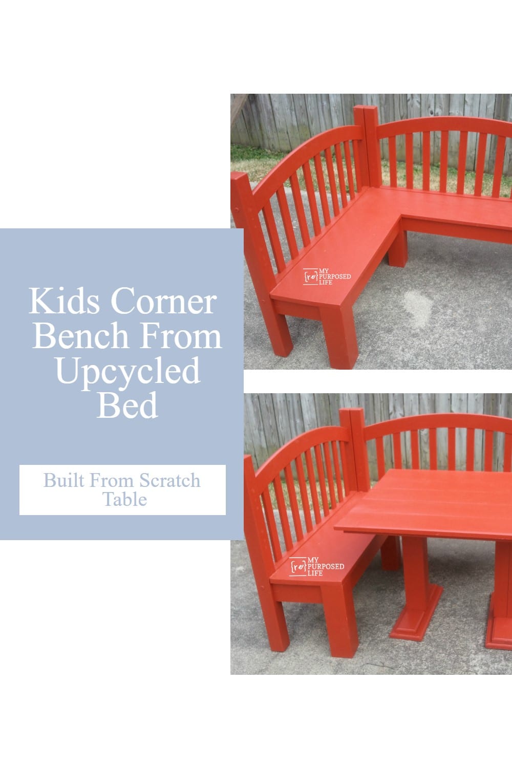How to make a kid friendly corner table bench out of two daybed pieces. Step by step instructions will show you how to make your very own corner bench. #MyRepurposedLife #repurposed #cornerbench #headboard via @repurposedlife