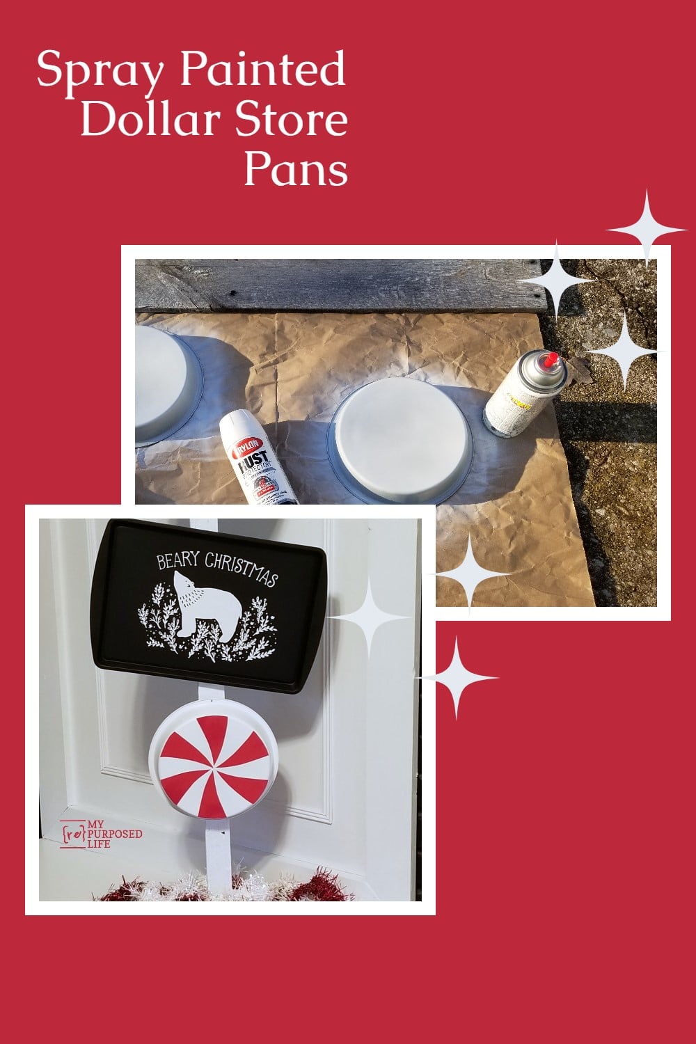 Easy step by step directions on how to make Christmas decor using aluminum cake pans and a cookie sheet. Sweet peppermint decor and a chalkboard. It can be used as a menu board, or a welcome sign for the front porch. via @repurposedlife