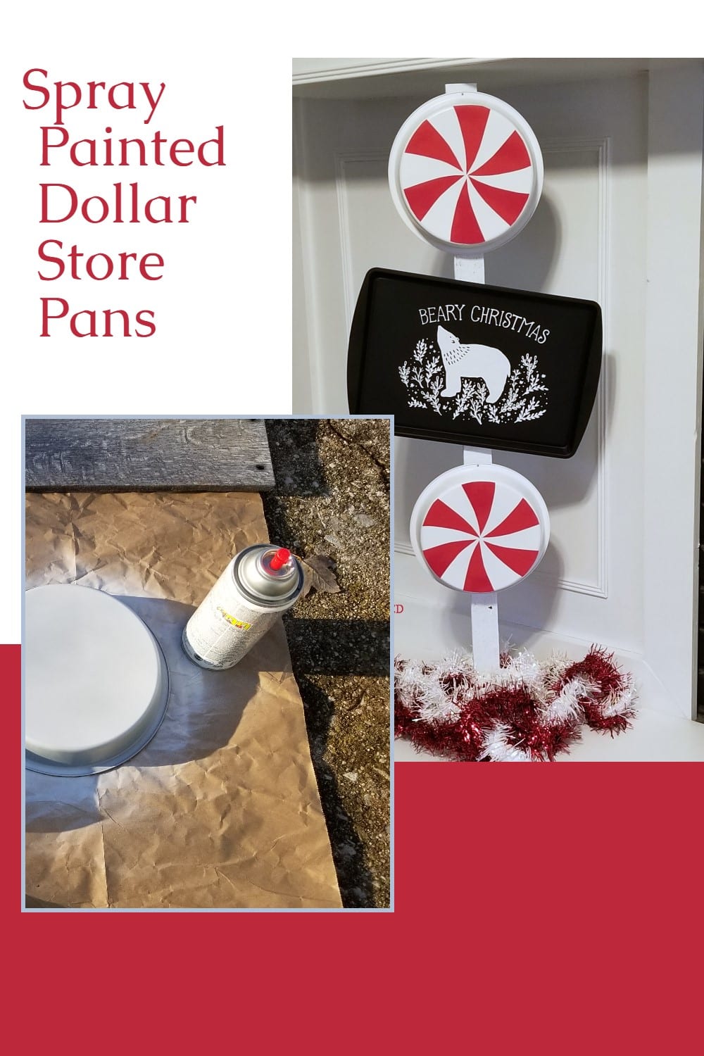 Easy step by step directions on how to make Christmas decor using aluminum cake pans and a cookie sheet. Sweet peppermint decor and a chalkboard. It can be used as a menu board, or a welcome sign for the front porch. via @repurposedlife