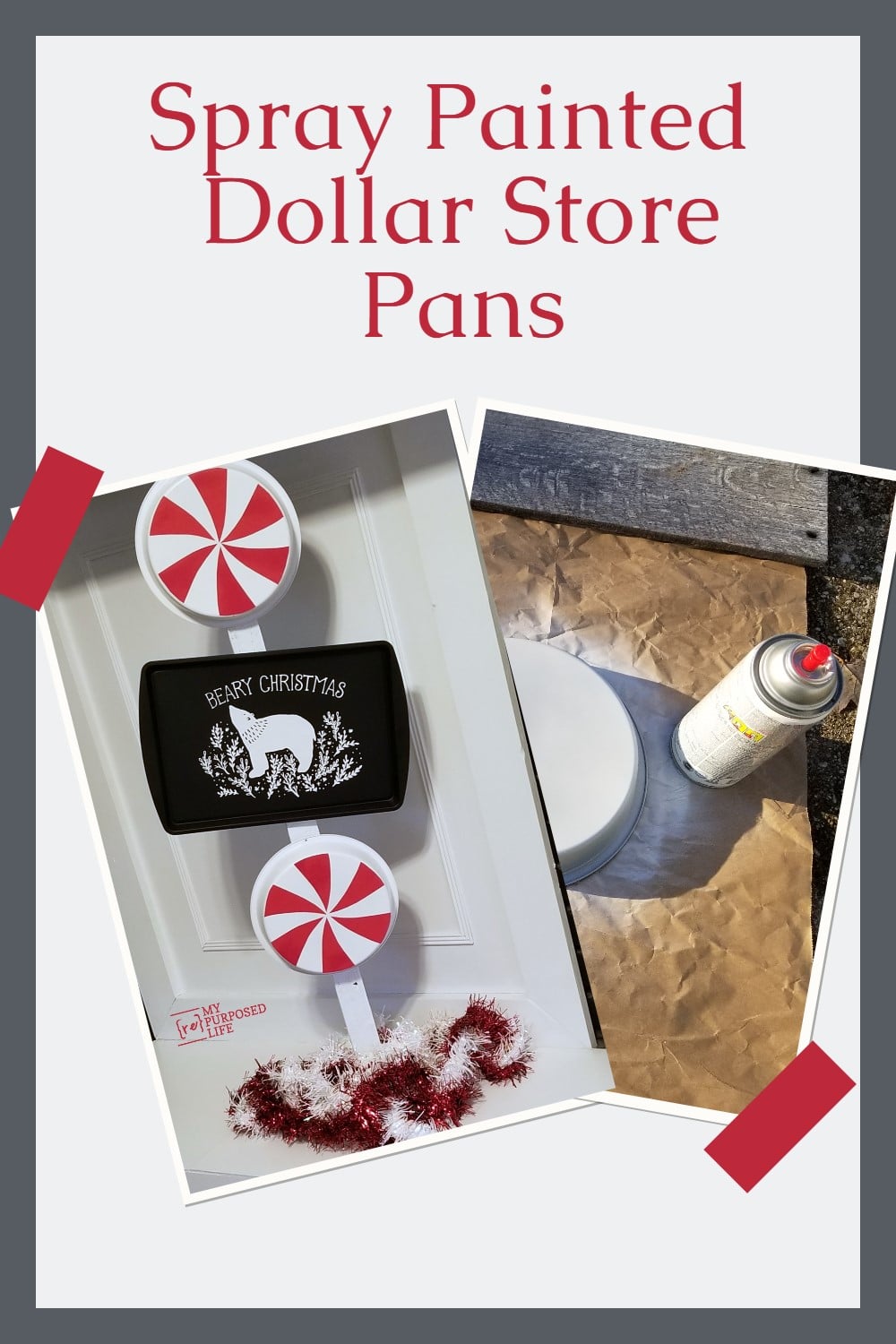 Easy step by step directions on how to make Christmas decor using aluminum cake pans and a cookie sheet. Sweet peppermint decor and a chalkboard. It can be used as a menu board, or a welcome sign for the front porch. via @repurposedlife