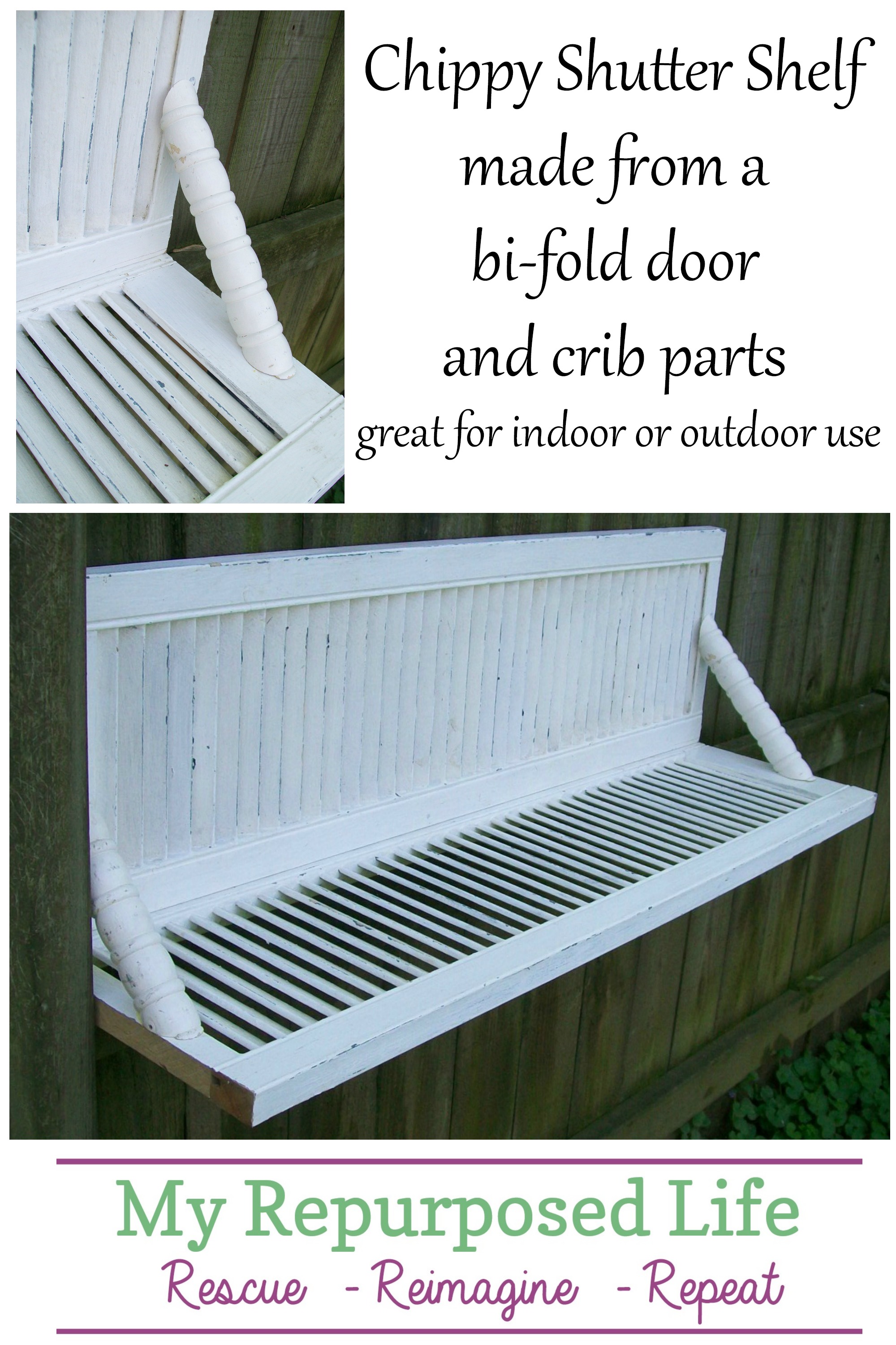 How to make the easiest chippy shutter shelf ever! Shutters can be hard to find and expensive. No problem! Use a bi-fold door instead of shutters. Easy! #MyRepurposedLife #repurposed #shutter #shelf #upcycle #indoors #outdoors #project via @repurposedlife