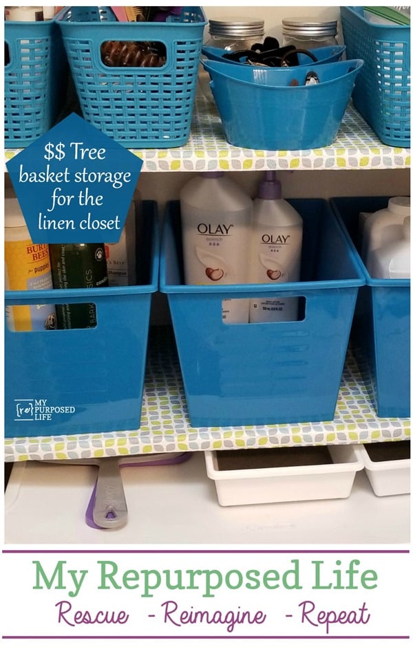 linen closet organization using dollar tree baskets MyRepurposedLife