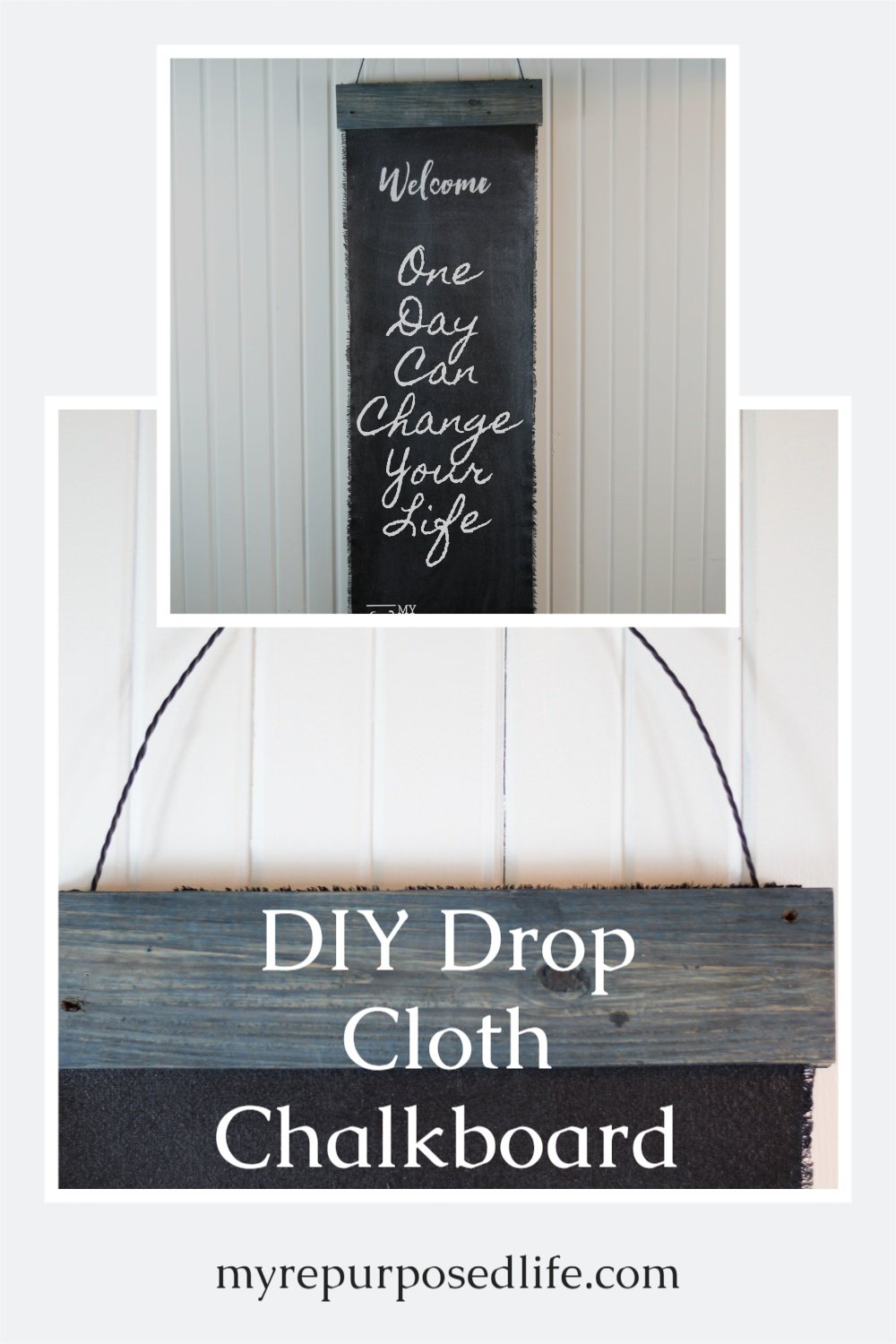 How to make a drop cloth chalkboard. paint on the chalkboard paint, add pallet boards for hanging. A twisted wire hanger completes the rustic looking chalkboard. #MyRepurposedLife #upcycle #dropcloth #chalkboard #pallets via @repurposedlife