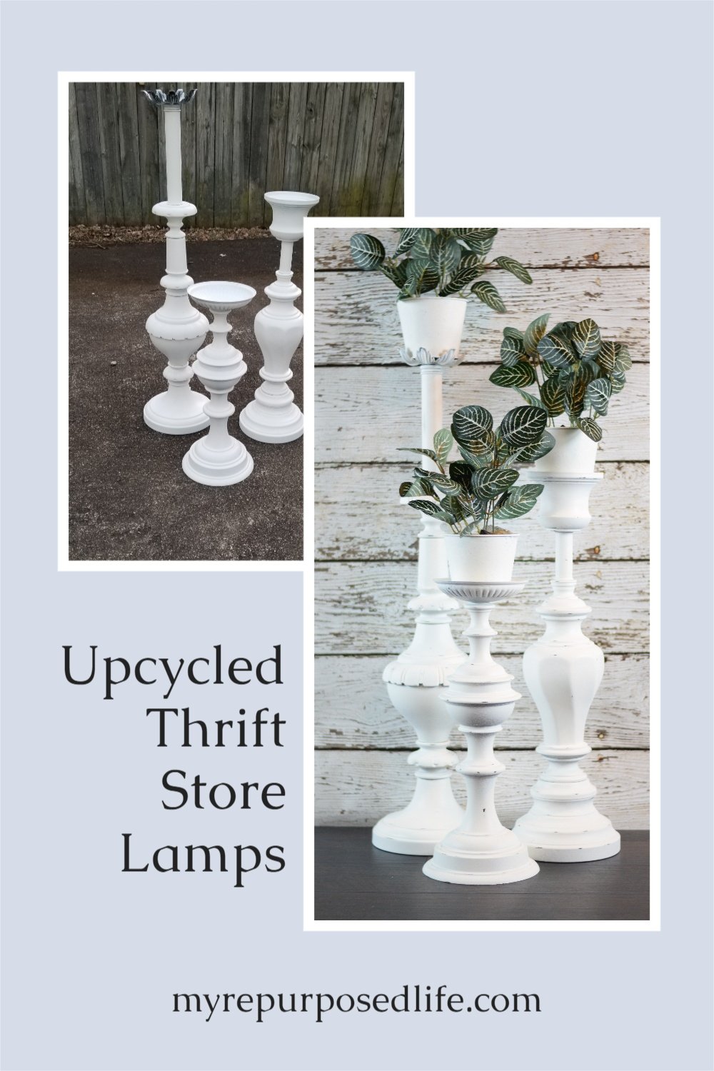 These repurposed lamp bases are fun and easy to make. The metal plant stands can also be used for candles. Great for indoors or outdoors. Easy step by step directions on how to dismantle and add parts. #MyRepurposedLife #upcycle #lamps #plantstands via @repurposedlife