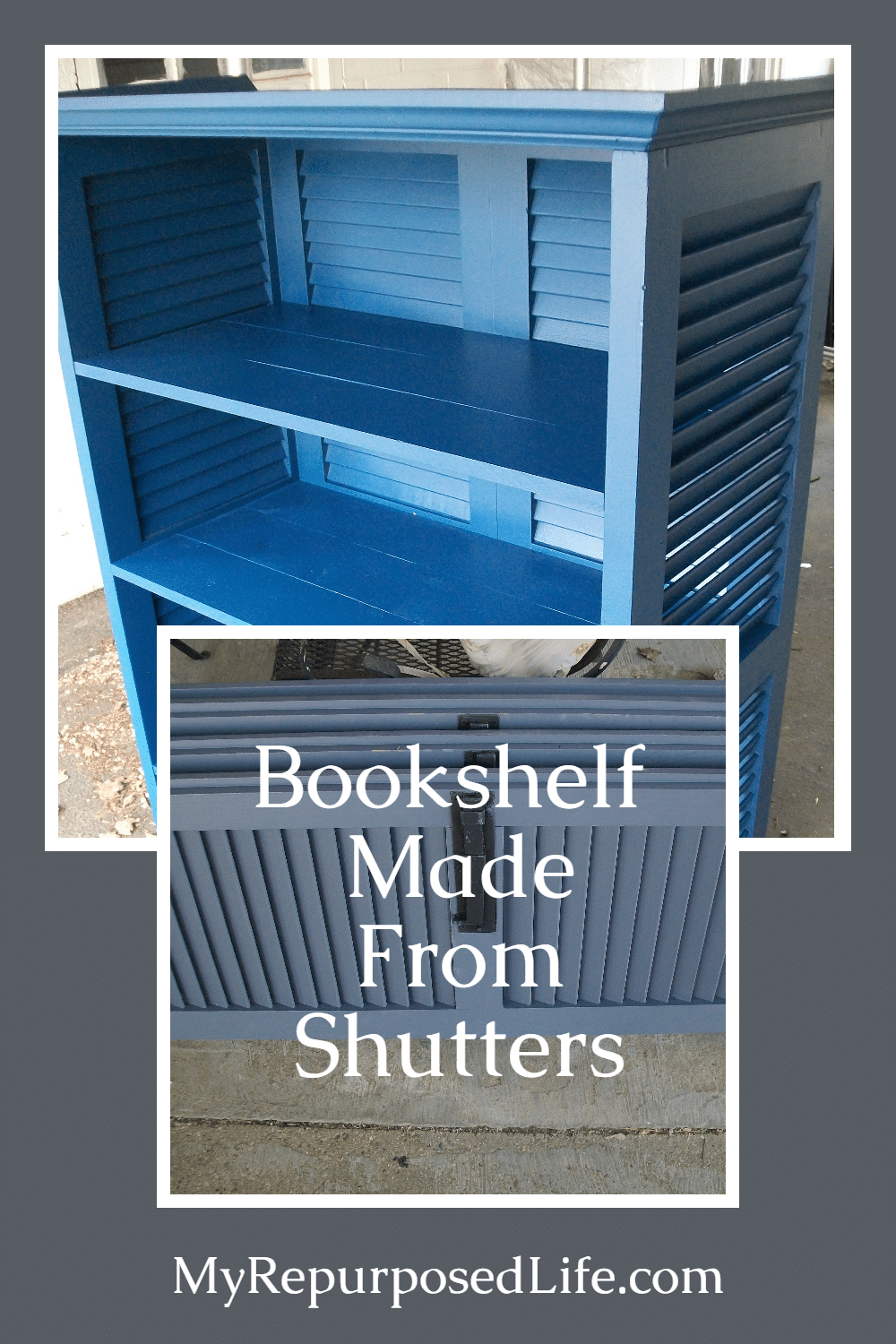 How to use four shutters to make a repurposed bookshelf. Step by step directions included to make your own project. Lots of tips and tidbits to Do It Yourself! #MyRepurposedLife #repurposed #shutter #bookshelf #upcycle #diy #project via @repurposedlife