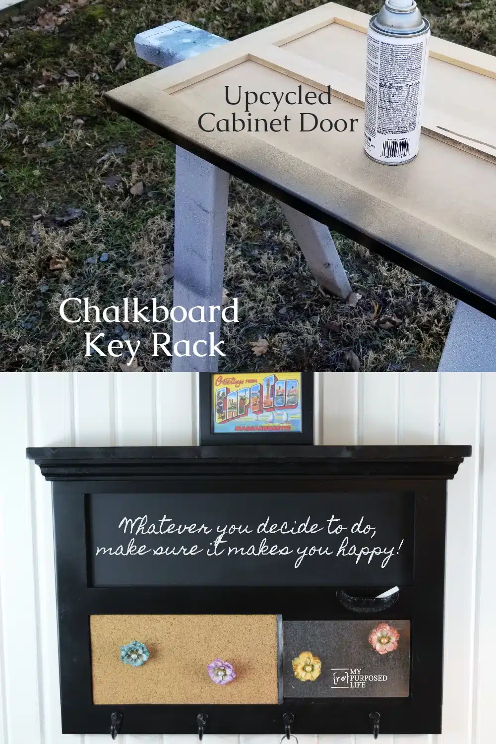 How to make a chalkboard key rack wall organizer out of a repurposed cabinet door. Complete with a cork board, chalkboard, and magnet board. Bonus key hooks. #MyRepurposedLife #repurposed #cabinet #door #chalkboard #memo #keyrack via @repurposedlife