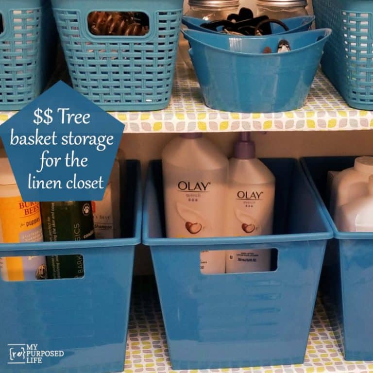 organize linen closet toiletries dollar tree bins and baskets MyRepurposedLife.com