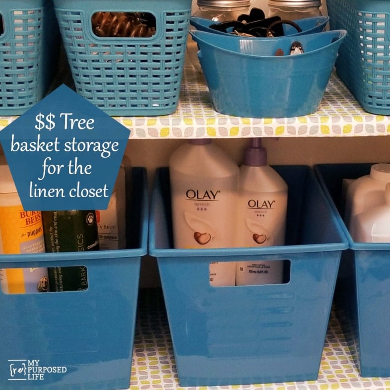 organize linen closet toiletries dollar tree bins and baskets MyRepurposedLife.com