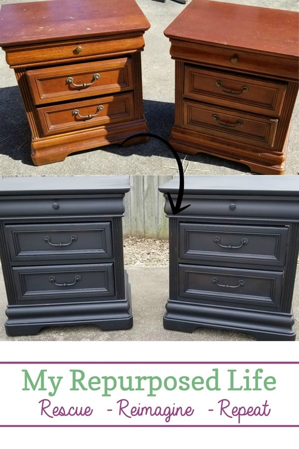 These vintage black nightstands got a second chance to match a new bedroom suite. A little paint and gentle distressing make them match the new Passages bed. #MyRepurposedLife #repurposed #furniture #nightstands #makeover via @repurposedlife