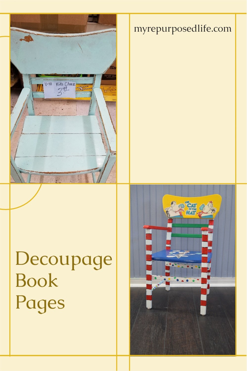 How to make a Dr. Seuss chair for your little one. This vintage chair was perfect to decoupage book pages. Tips for Mod Podge gone wrong. #MyRepurposedLife #upcycle #kids #chair #decoupage #bookpages via @repurposedlife