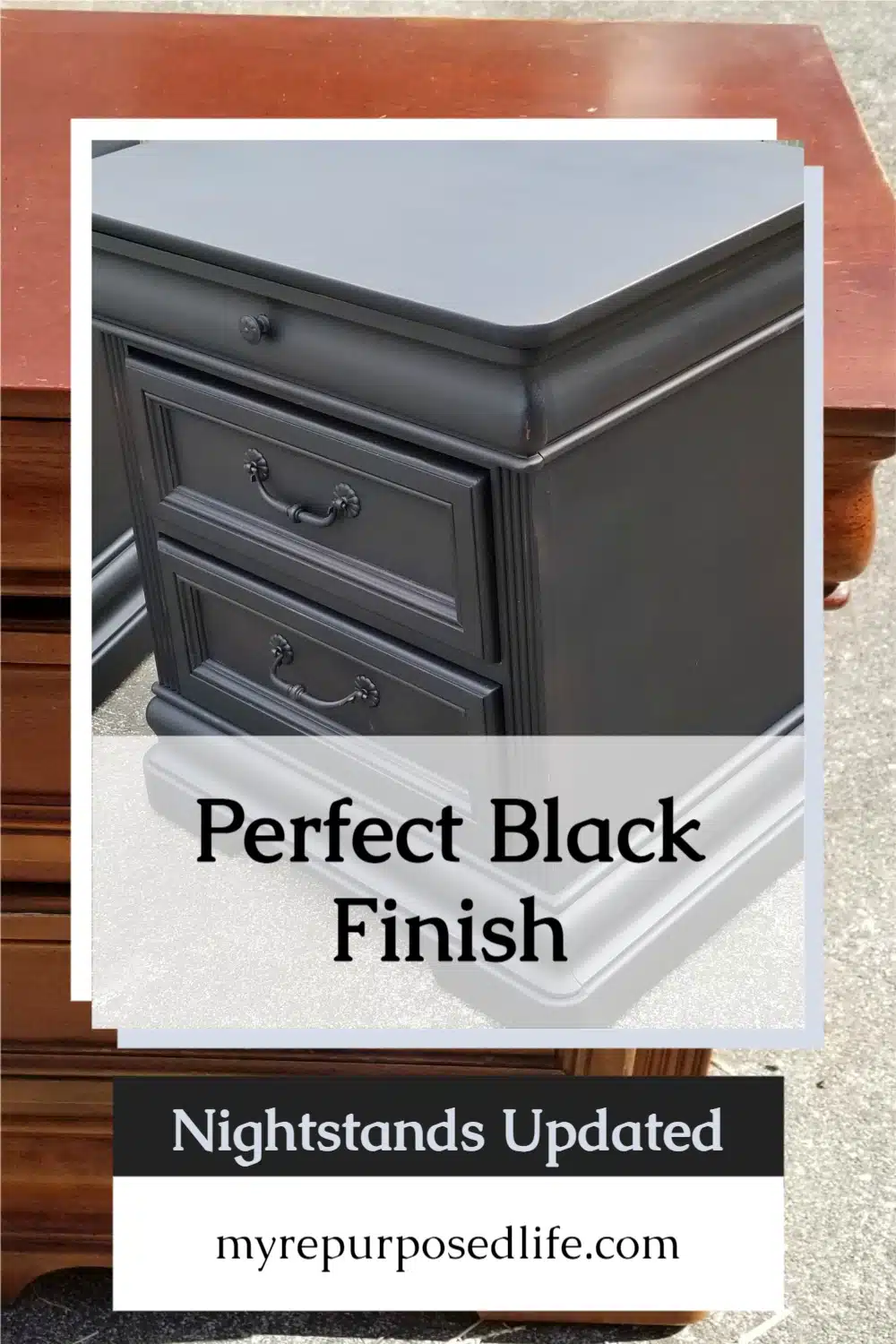 These vintage black nightstands got a second chance to match a new bedroom suite. A little paint and gentle distressing make them match the new Passages bed. #MyRepurposedLife #repurposed #furniture #nightstands #makeover #waxing via @repurposedlife