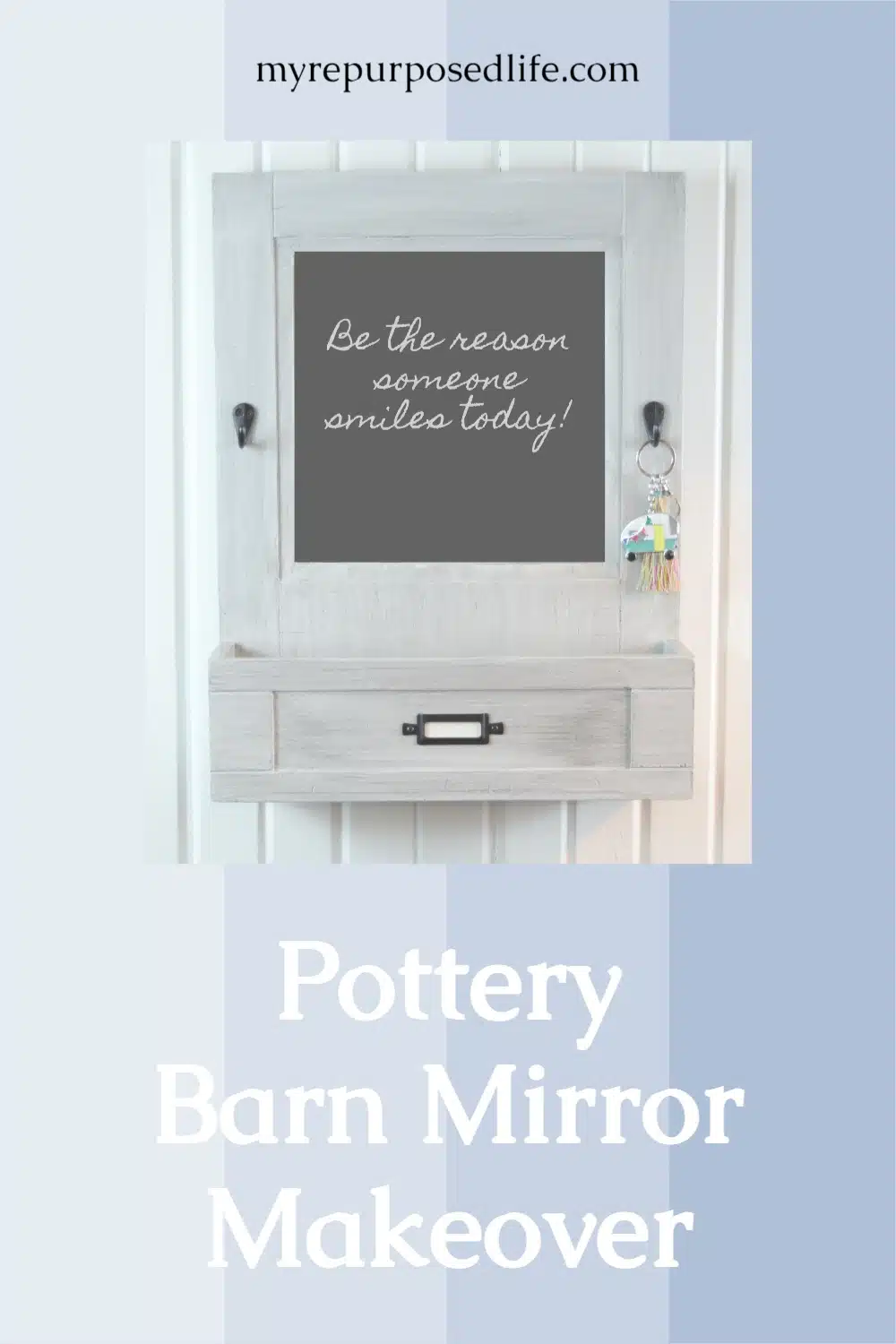 A rustic pottery barn mirror gets a new makeover. This easy thrift store project will have you wondering what project you should update. #myrepurposedlife #upcycle #potterybarn #mirror #makeover via @repurposedlife