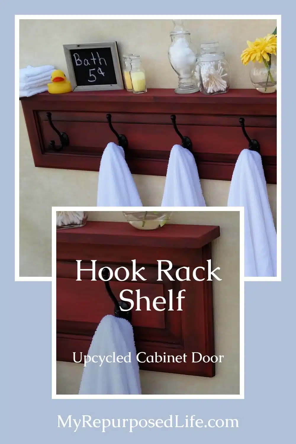 This Coat Rack Shelf is made from a cabinet door. This tutorial will show you how to make this, plus show you how to easily achieve this fabulous paint color. #MyRepurposedLife #repurposed #cabinet #door #shelf via @repurposedlife