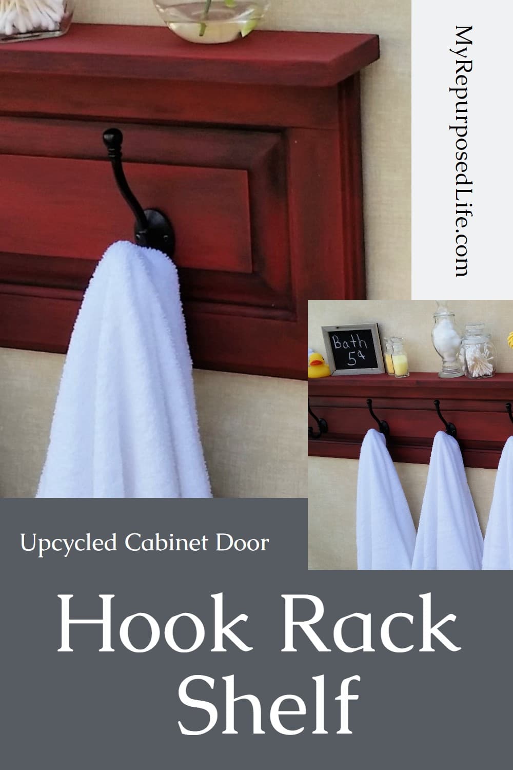 This Coat Rack Shelf is made from a cabinet door. This tutorial will show you how to make this, plus show you how to easily achieve this fabulous paint color. #MyRepurposedLife #repurposed #cabinet #door #shelf via @repurposedlife